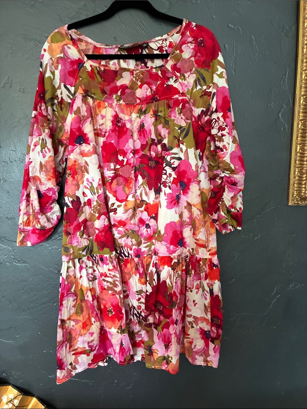 New York & Company Pink and Green Floral tunic with pockets and lining